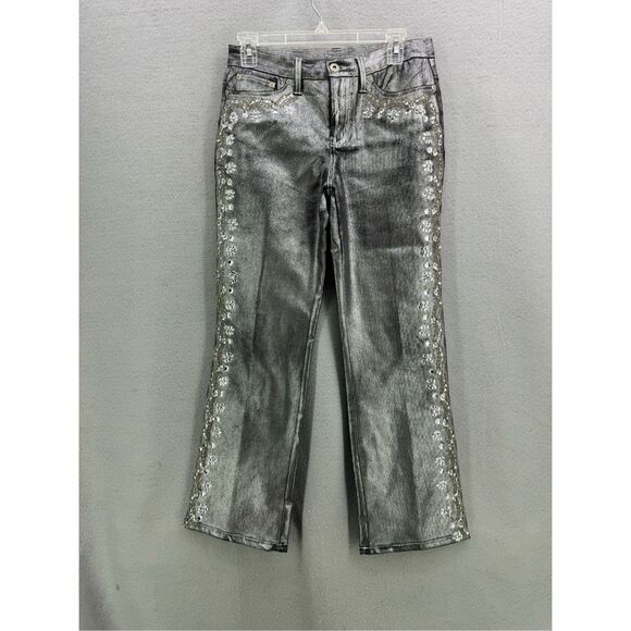 Vintage Y2K DG2 Diane Gilman Silver Foil Jeweled Beaded Mid-Rise Jeans STUNNING - Picture 5 of 13
